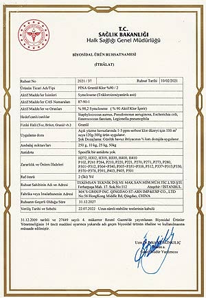Biyosidal Ürün Ruhsatı - Pina Granül Klor 90%